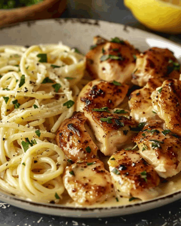 Lemon Garlic Butter Chicken Served with Creamy Parmesan Linguine