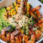 Grilled Shrimp Bowl with Avocado, Corn Salsa & Creamy Sauce