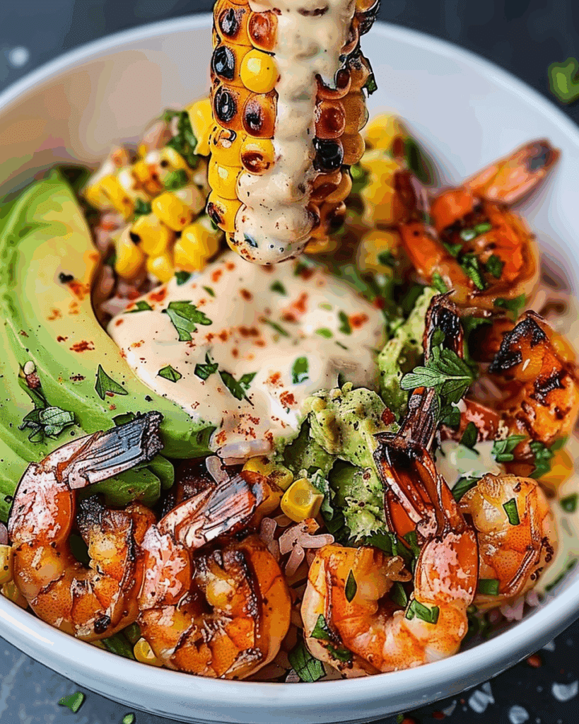 Grilled Shrimp Bowl with Avocado, Corn Salsa & Creamy Sauce