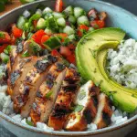 Epic Grilled Chicken Rice Bowl with Avocado Salsa & Cucumber Crunch