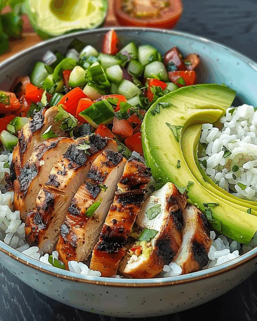 Epic Grilled Chicken Rice Bowl with Avocado Salsa & Cucumber Crunch