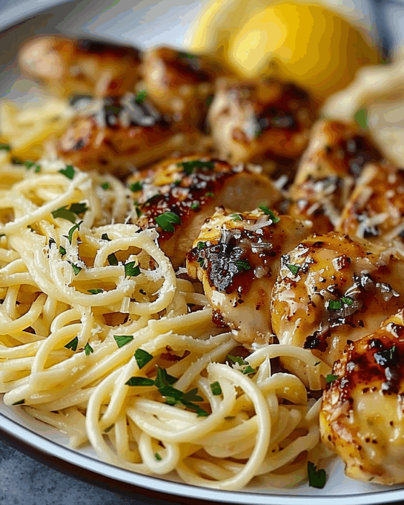 Lemon Garlic Butter Chicken Served with Creamy Parmesan Linguine
