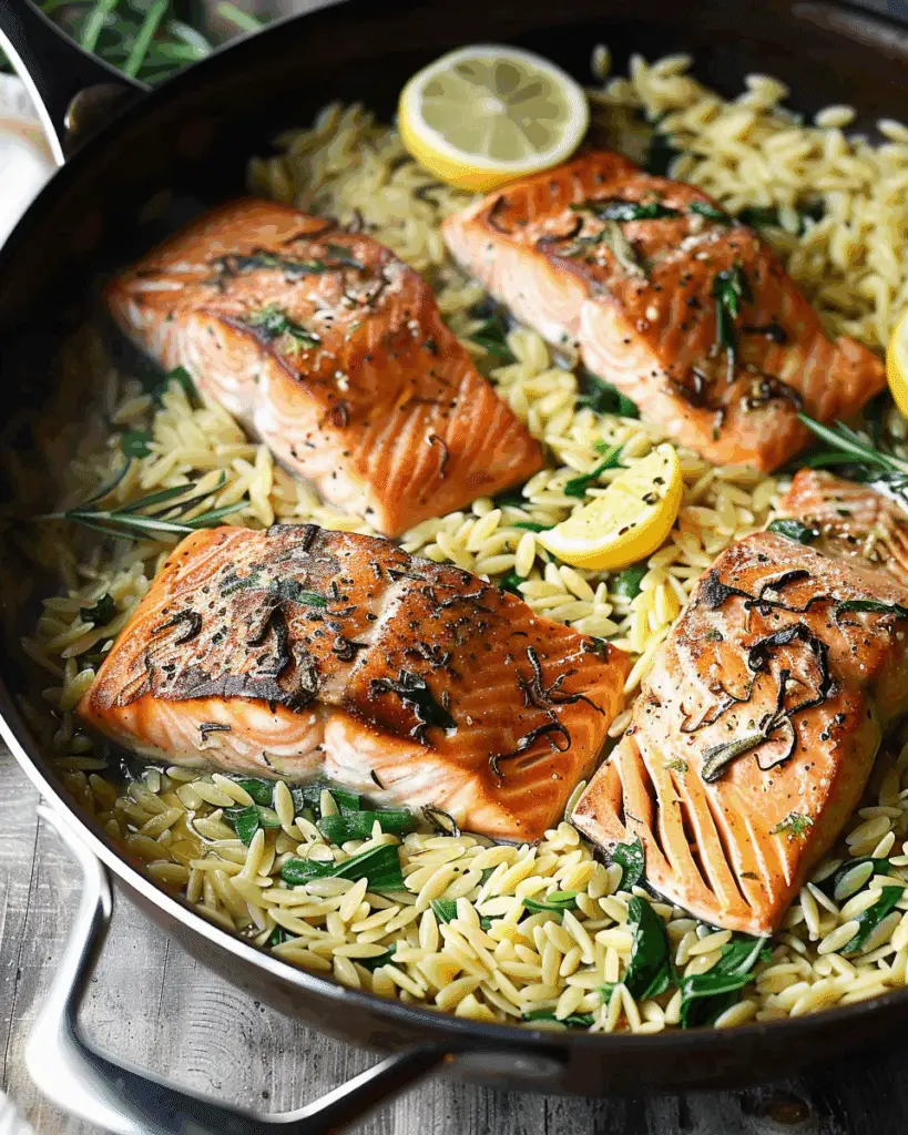 One Skillet Salmon with Lemon Orzo