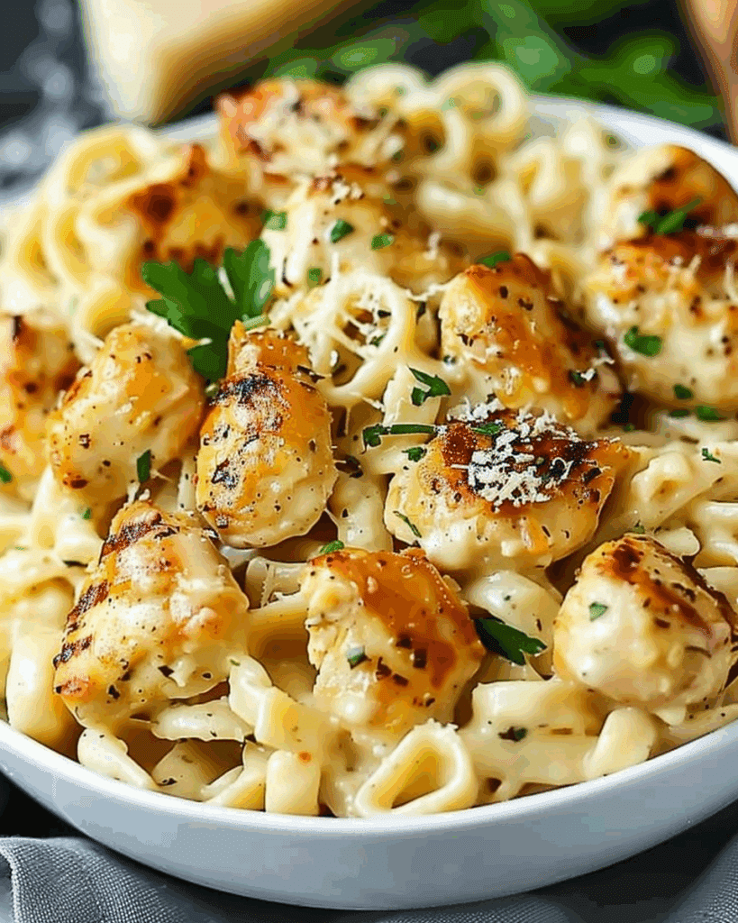 Creamy Parmesan Pasta with Garlic Butter Chicken Bites