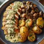 Chestnut Garlic Greek Chicken Alfredo with Sage Potatoes & Mushroom Basil Pesto Cream