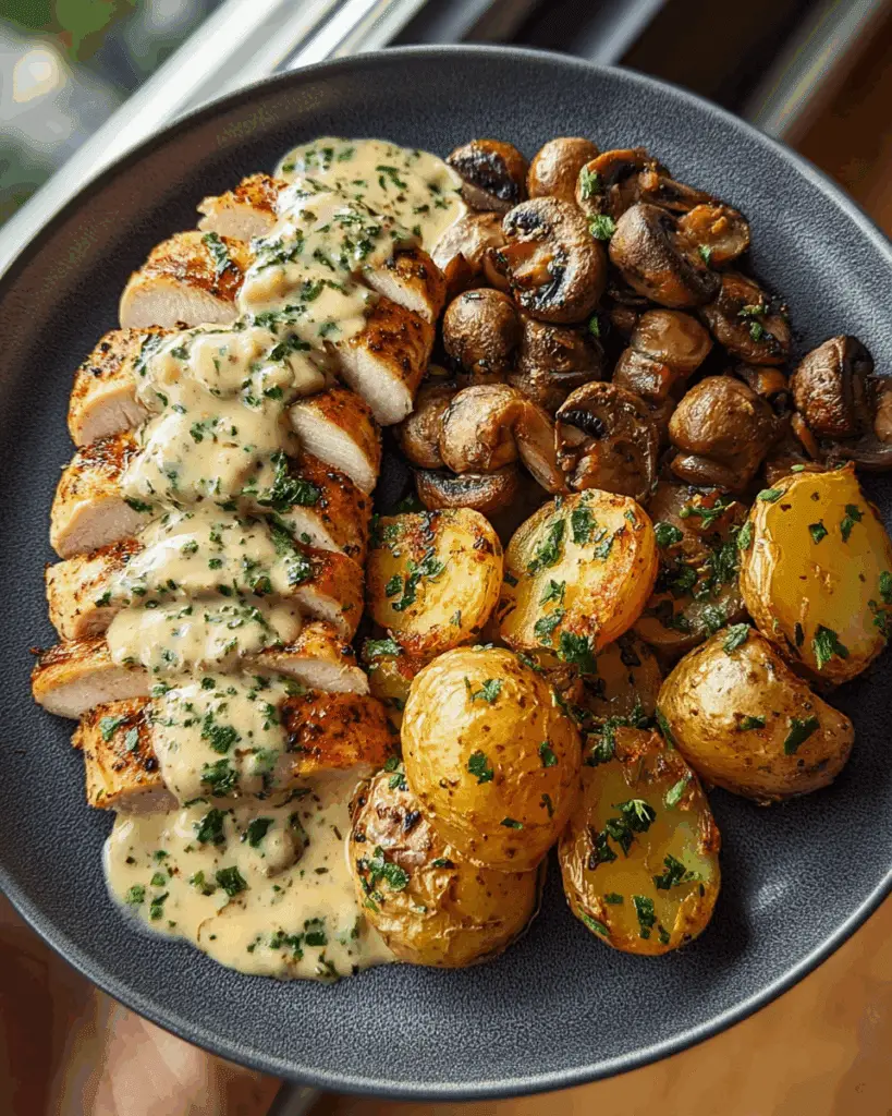 Chestnut Garlic Greek Chicken Alfredo with Sage Potatoes & Mushroom Basil Pesto Cream