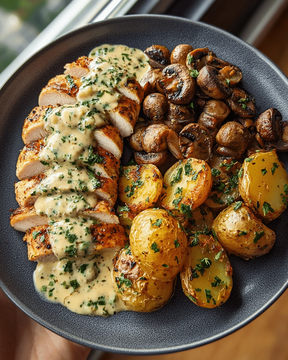 Chestnut Garlic Greek Chicken Alfredo with Sage Potatoes & Mushroom Basil Pesto Cream