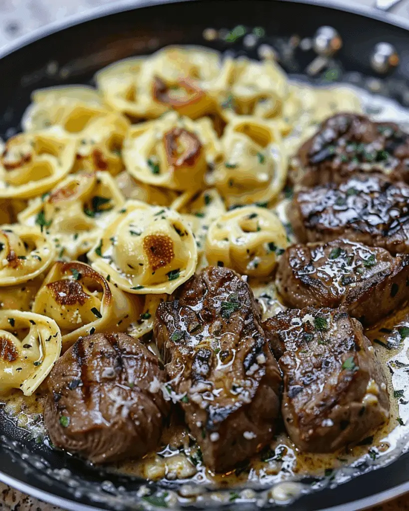 Tender Garlic Butter Steak with Cheesy Alfredo Tortellini