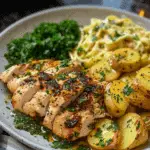 Greek Chicken Alfredo & Garlic Potatoes with Spicy Hot Honey Tahini Pesto
