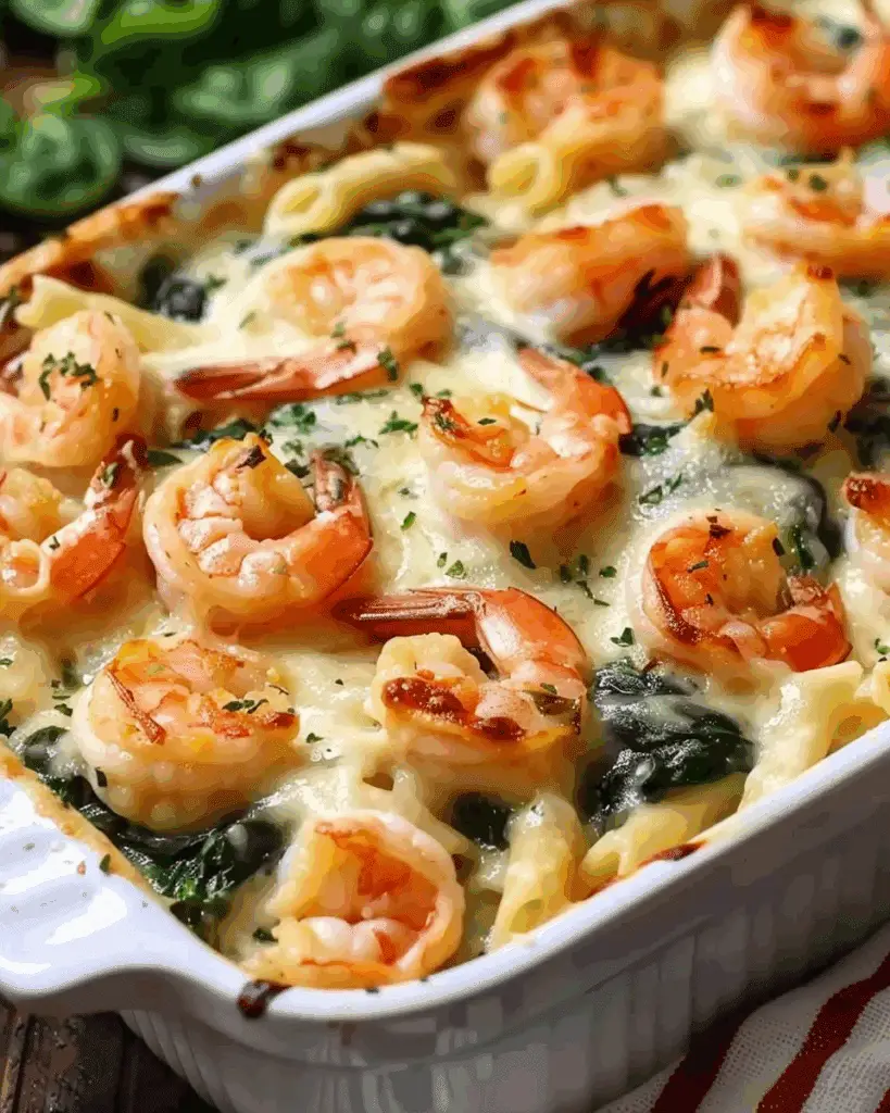 Creamy Tuscan Shrimp & Spinach Pasta Bake