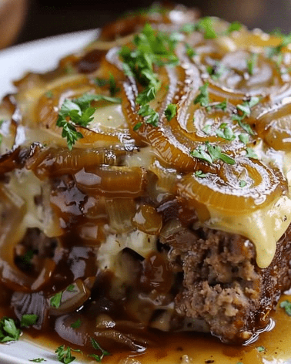 French Onion Meatloaf with Melted Swiss Cheese
