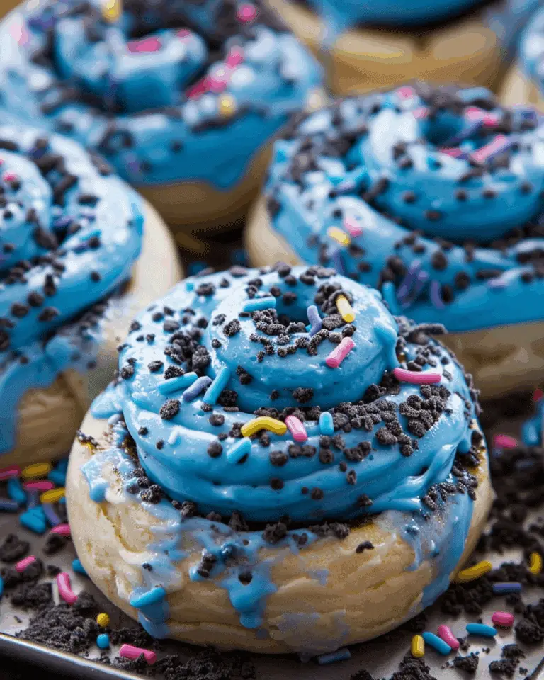 Cookie Monster Cinnamon Rolls: Blue Dough, Cookie Crumbles, and Creamy Sweetness