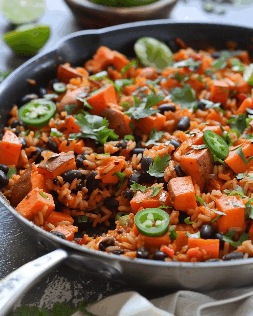 Southwest Sweet Potato, Black Bean and Rice Skillet