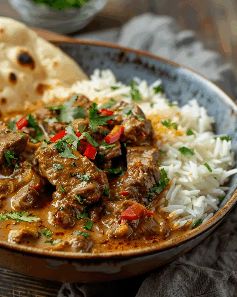Fiery Beef Coconut Curry with Rice, Garlic Naan & Chili Garnish