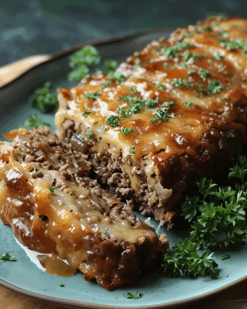 Crockpot French Onion Meatloaf with Melted Swiss Cheese
