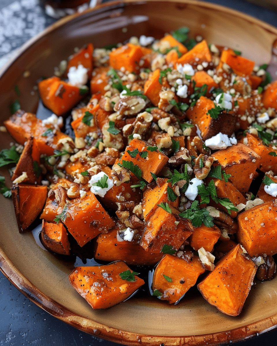 Caramelized Sweet Potatoes with Maple, Feta & Crunchy Walnuts