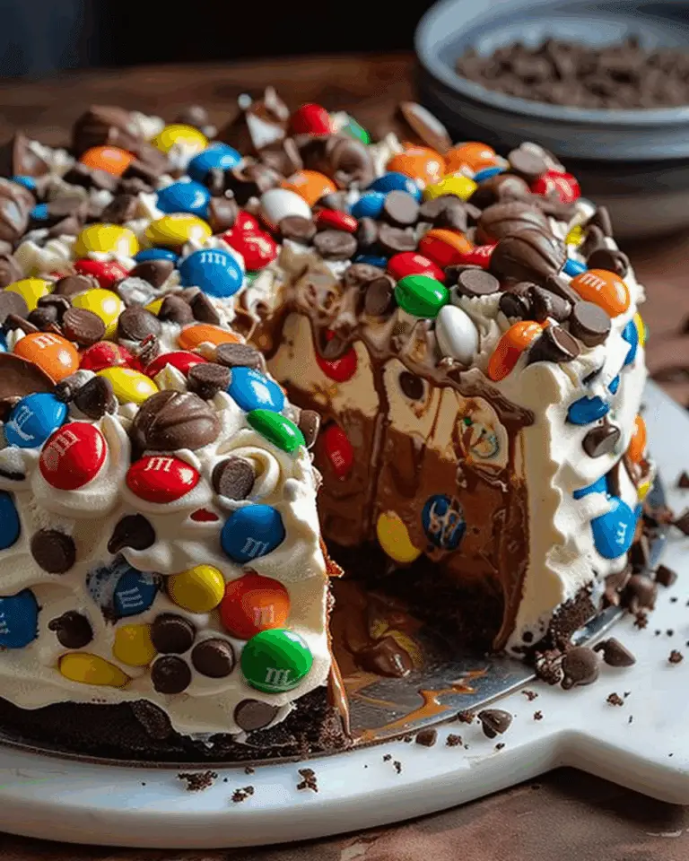Chocolate M&M’s and Chip Cookie Dough Ice Cream Cake