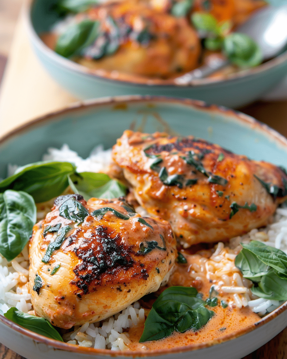 Rustic Paprika Chicken in Cream Sauce with Basil-Scented Buttered Rice