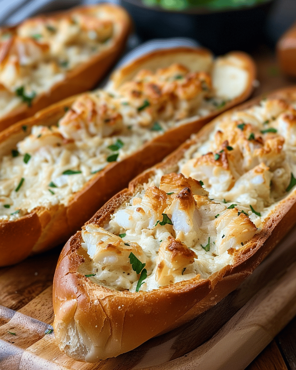 Crab Alfredo-Stuffed Garlic Bread Boats