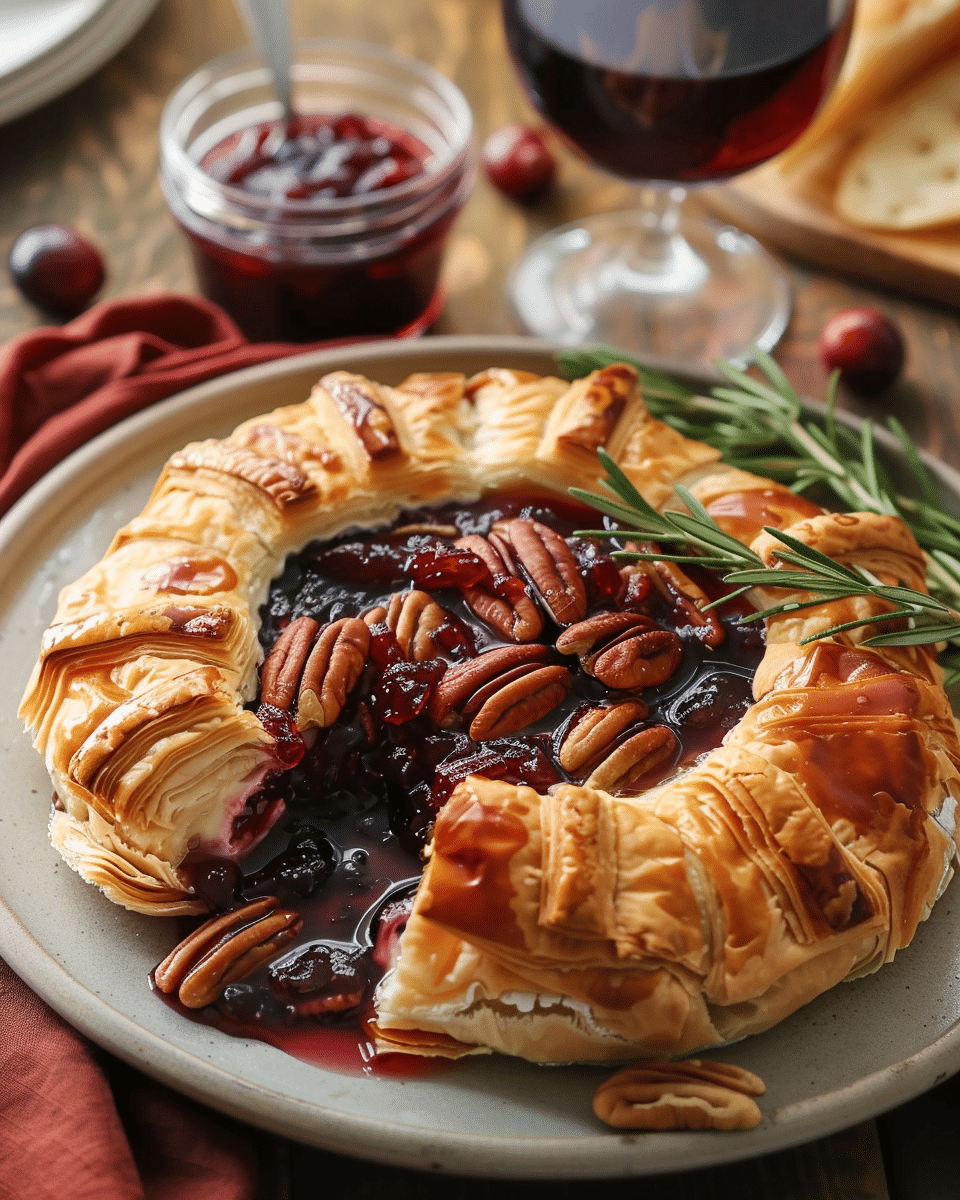 Baked Brie With Puff Pastry, Cranberry‑Pepper Jelly, and Pecans
