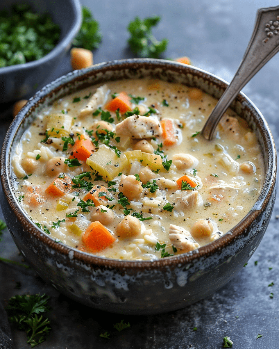 Creamy Chickpea & Chicken Rice Soup With Vegetables