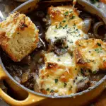 French Onion Beef Stew with Cheesy Bread Topping