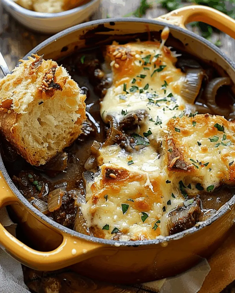 French Onion Beef Stew with Cheesy Bread Topping