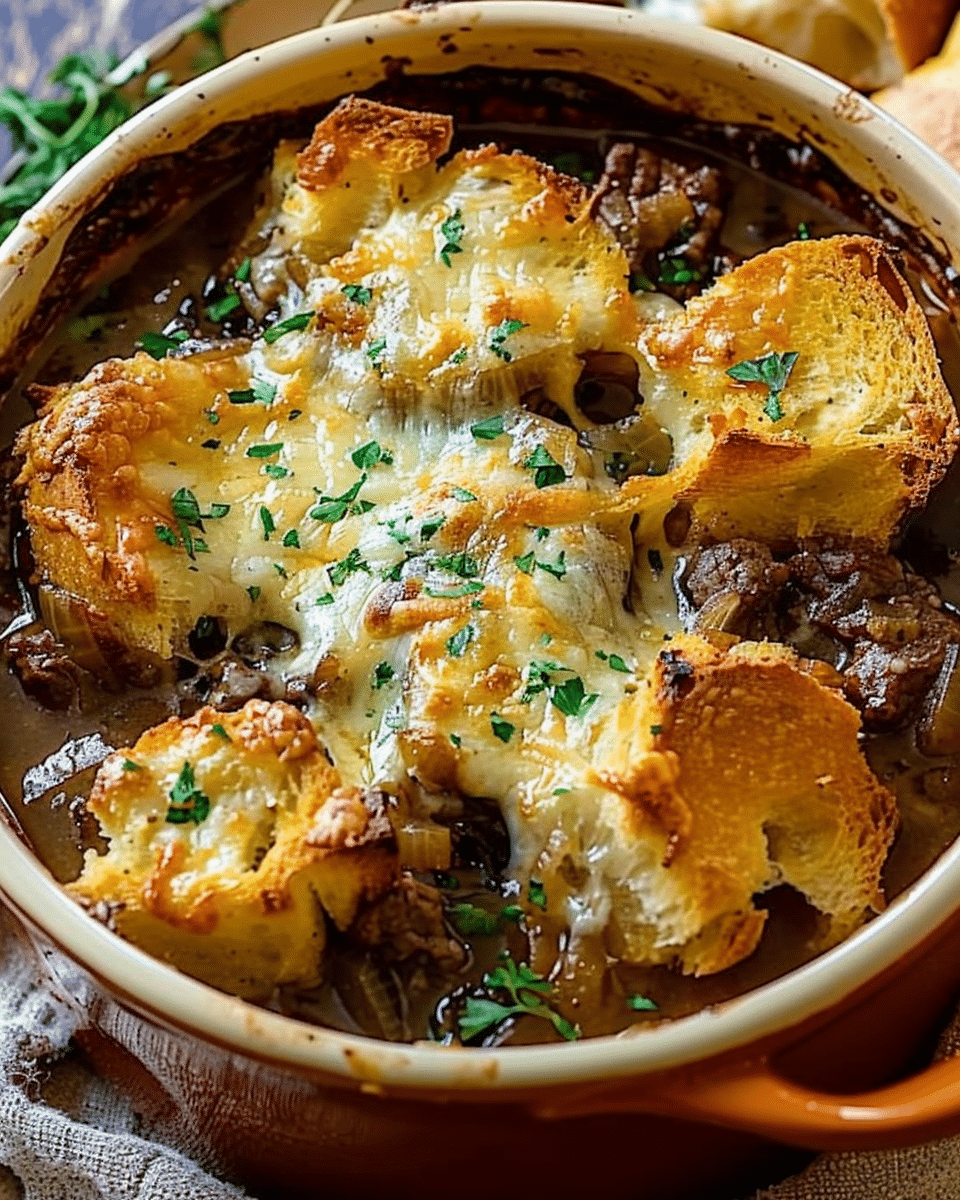 French Onion Beef Stew with Cheesy Bread Topping