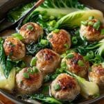Steamed Chicken Meatballs with Bok Choy and Shiitake Mushrooms