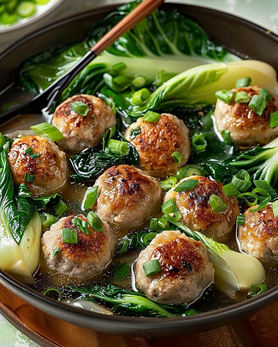 Steamed Chicken Meatballs with Bok Choy and Shiitake Mushrooms
