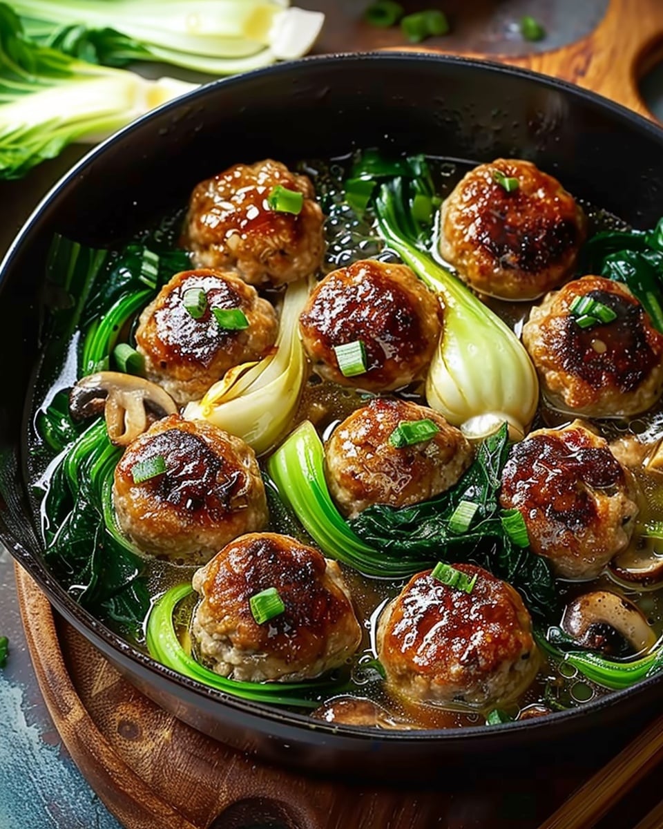 Steamed Chicken Meatballs with Bok Choy and Shiitake Mushrooms