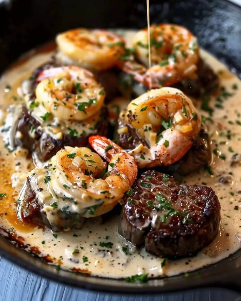 Steak with Creamy Garlic Shrimp