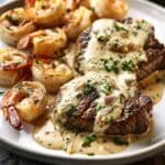 Steak with Creamy Garlic Shrimp