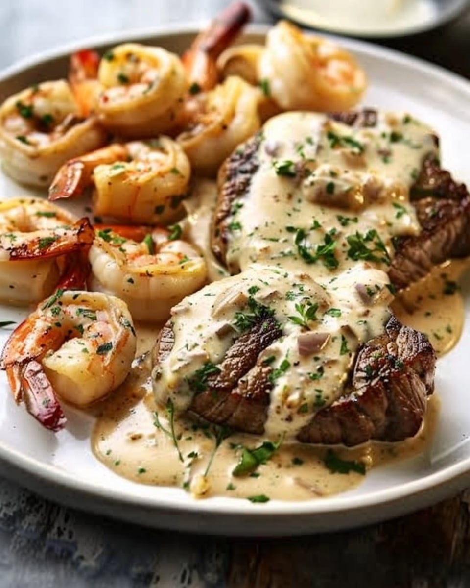 Steak with Creamy Garlic Shrimp