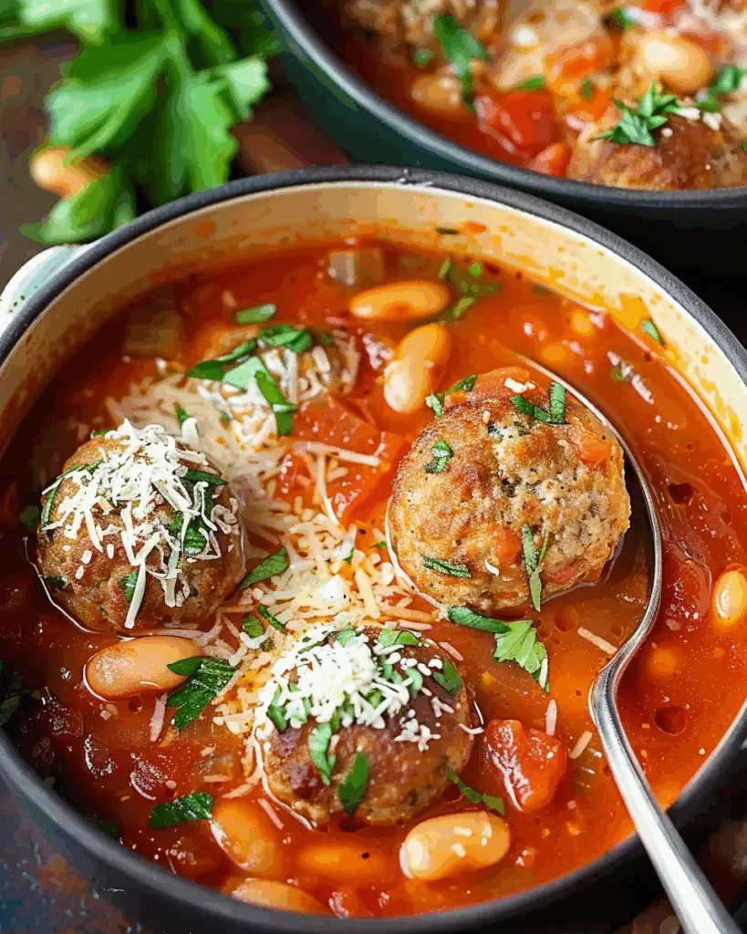 Rustic Parmesan Meatball & White Bean Tomato Soup