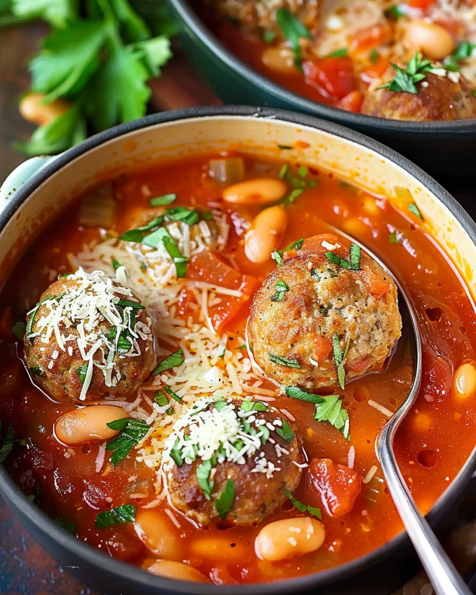 Rustic Parmesan Meatball & White Bean Tomato Soup