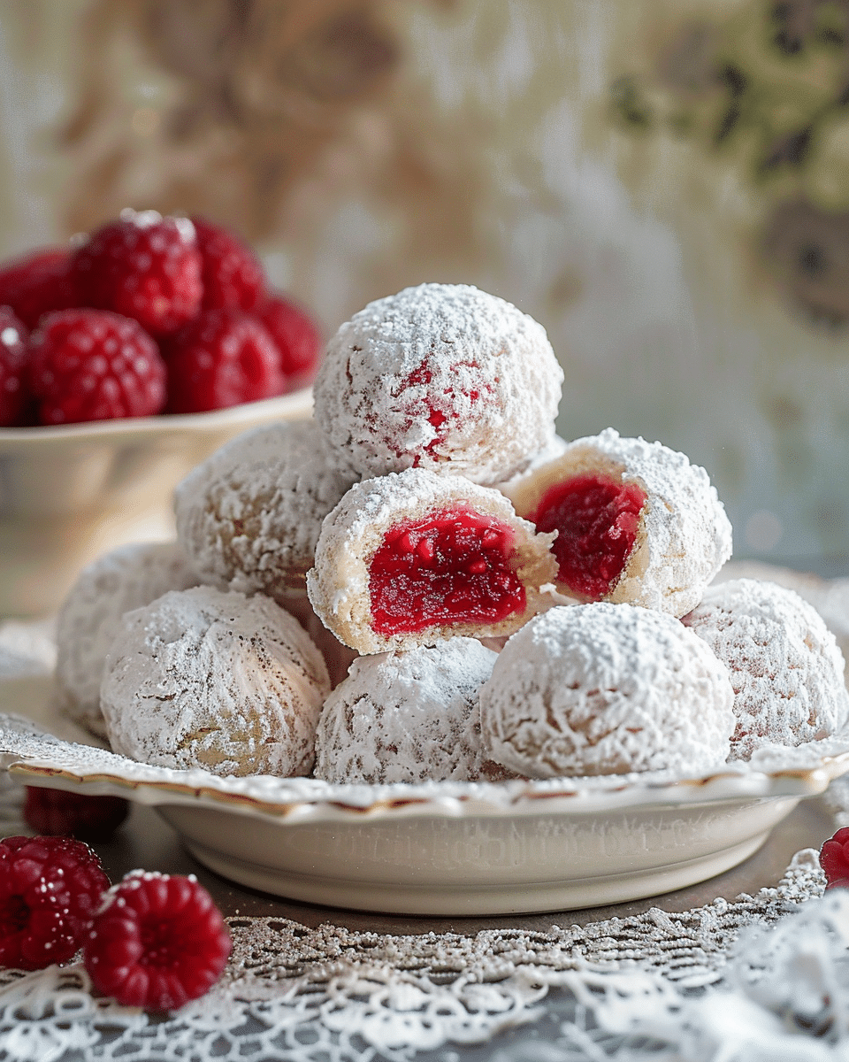 Raspberry Filled Almond Snowball Cookies