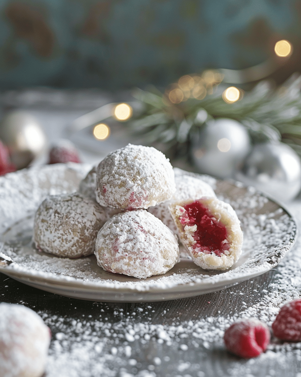 Raspberry Filled Almond Snowball Cookies