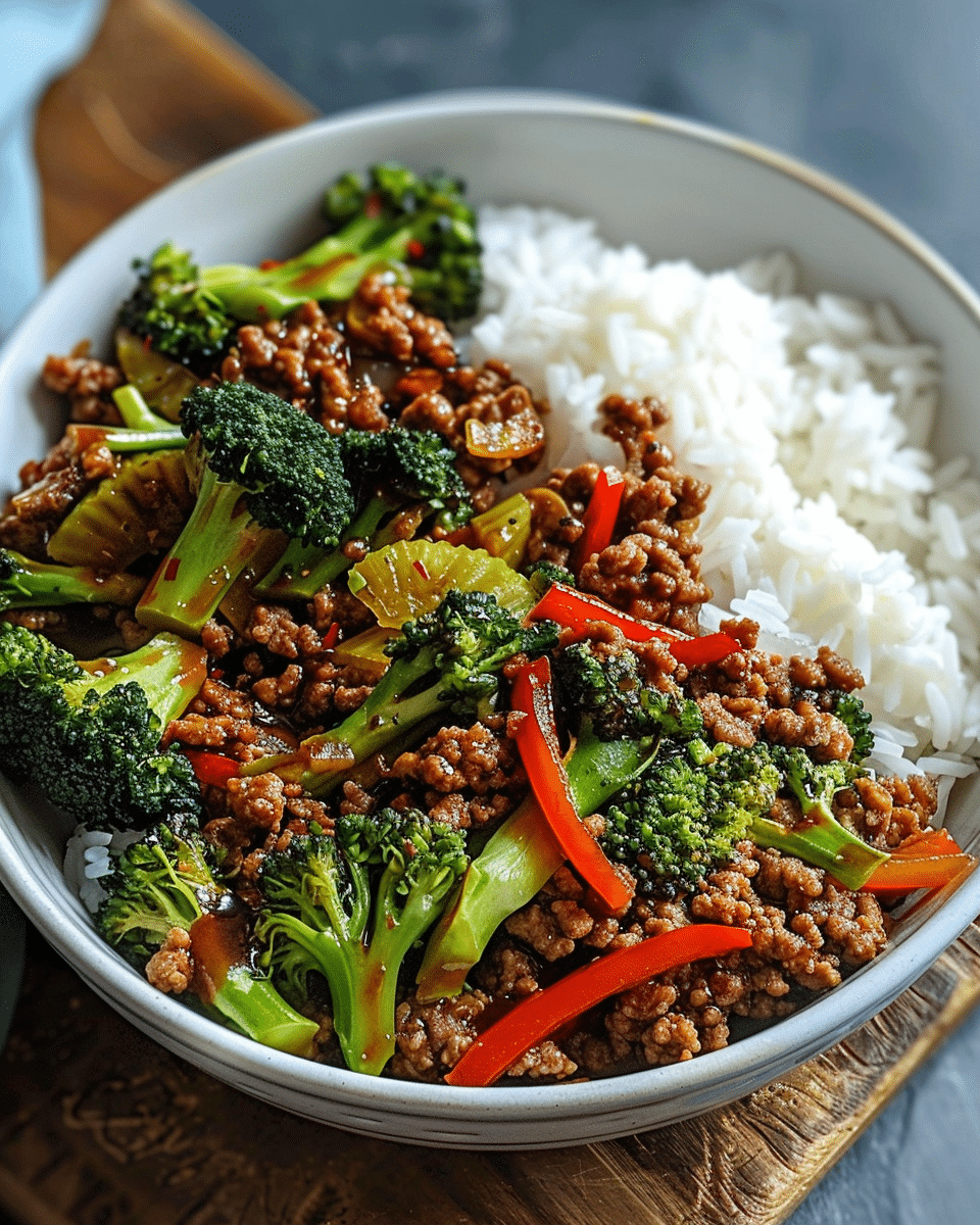 Spicy Ground Beef Stir-Fry Bowl with Garlic Veggies & Steamy Rice