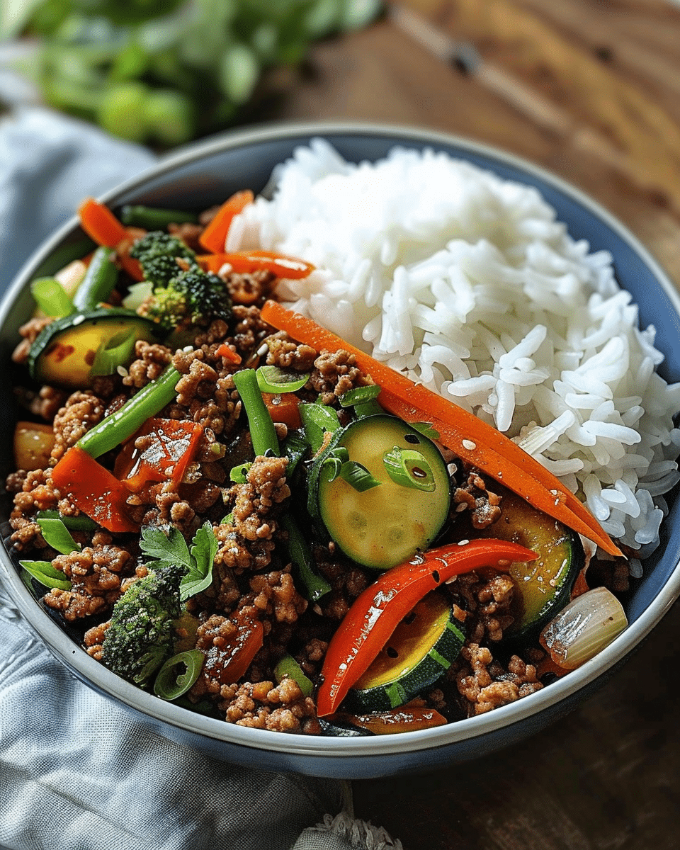 Spicy Ground Beef Stir-Fry Bowl with Garlic Veggies & Steamy Rice