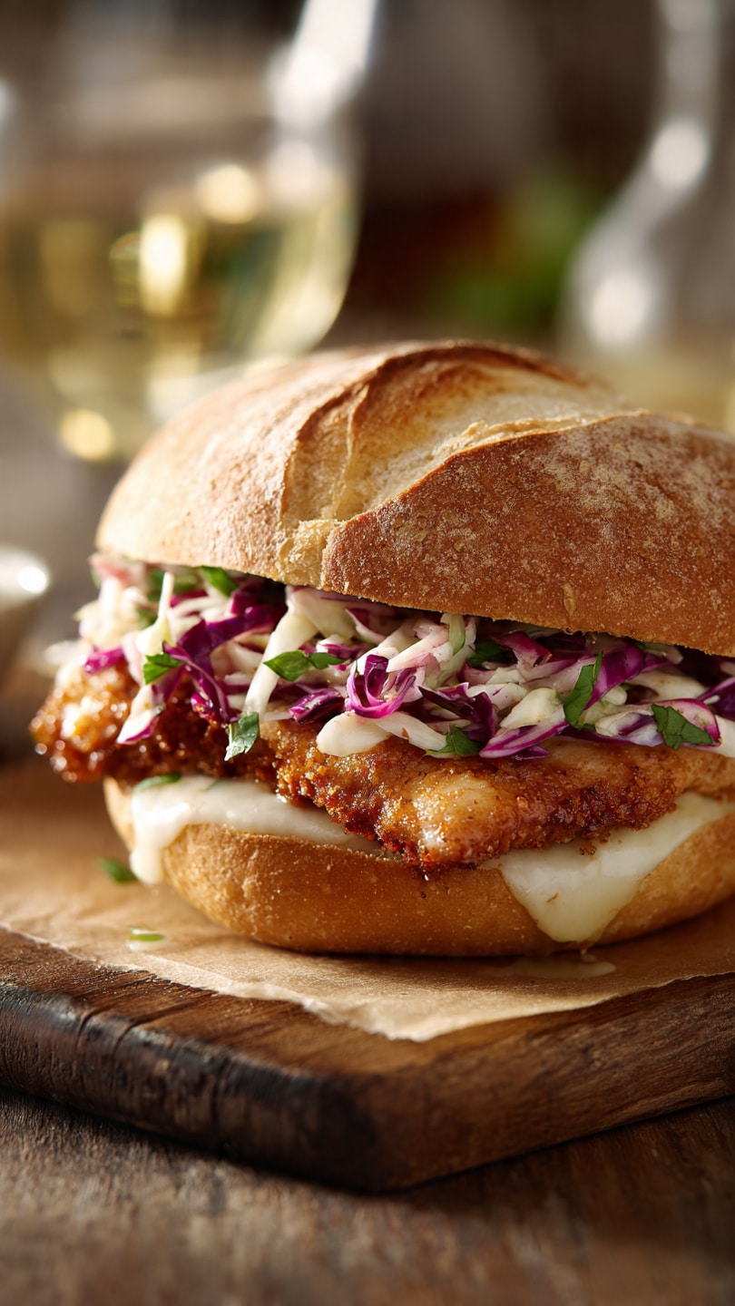Crispy Mozzarella Chicken Sandwich with Tangy Slaw
