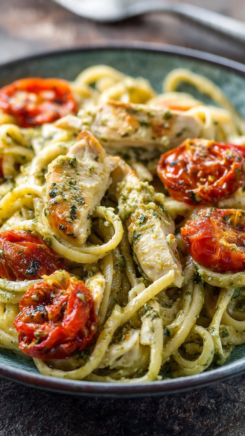 Delicious Pesto Chicken Pasta with Oven-Roasted Tomatoes