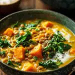 Ginger Sweet Potato and Coconut Milk Stew with Lentils & Kale