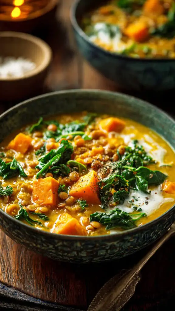 Ginger Sweet Potato and Coconut Milk Stew with Lentils & Kale
