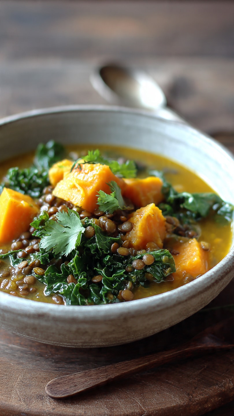 Ginger Sweet Potato and Coconut Milk Stew with Lentils & Kale