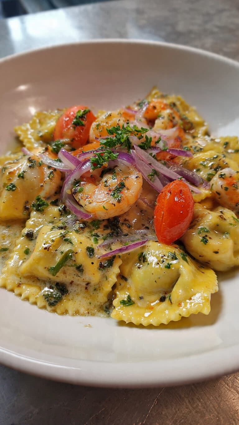 Ravioli with Seafood, Spinach & Mushrooms in Garlic Cream Sauce