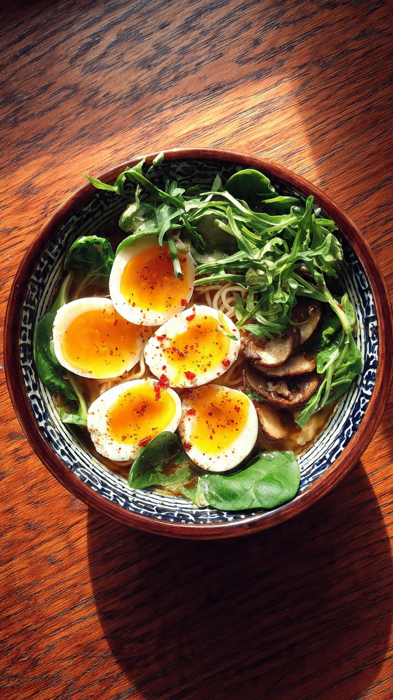 Savory Dumpling Ramen Bowl with Soft-Boiled Eggs and Fresh Greens