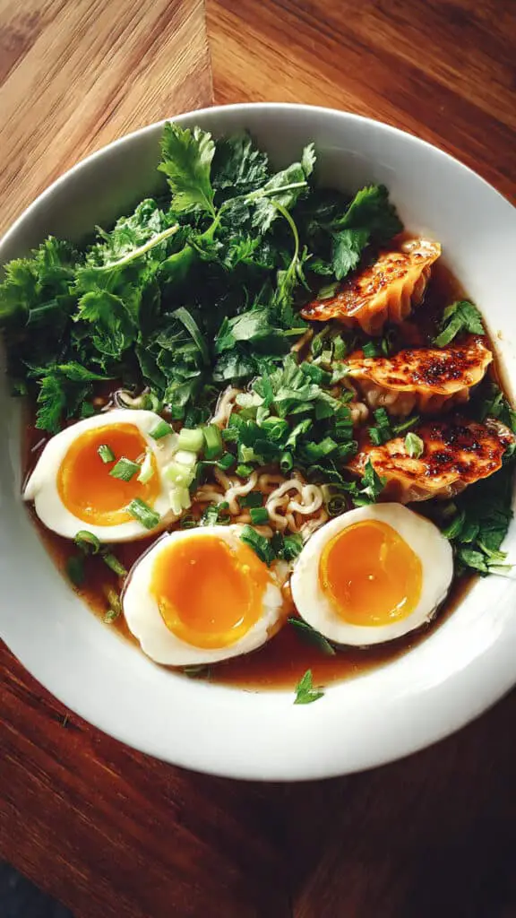 Savory Dumpling Ramen Bowl with Soft-Boiled Eggs and Fresh Greens