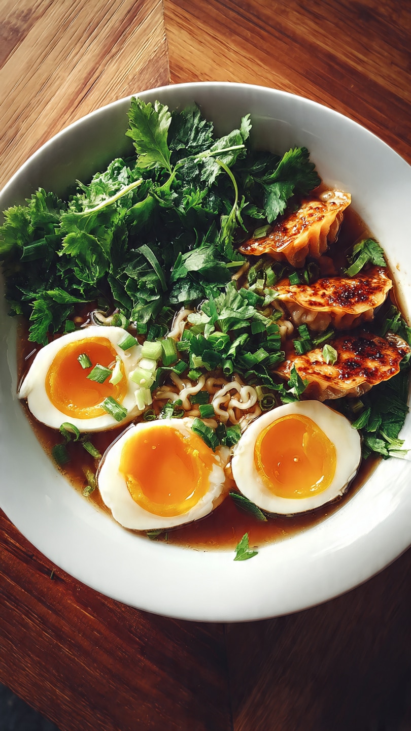 Savory Dumpling Ramen Bowl with Soft-Boiled Eggs and Fresh Greens