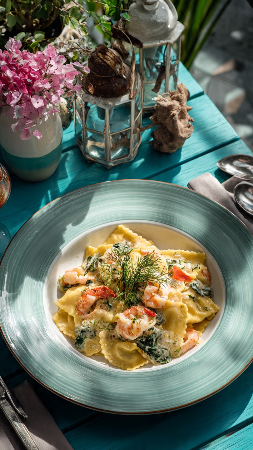 Ravioli with Seafood, Spinach & Mushrooms in Garlic Cream Sauce